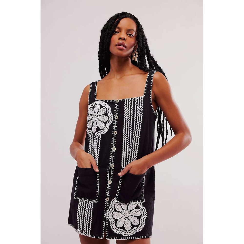 Free People Tunic Top Womens Large Black NWT Crochet Floral Boho Button Front